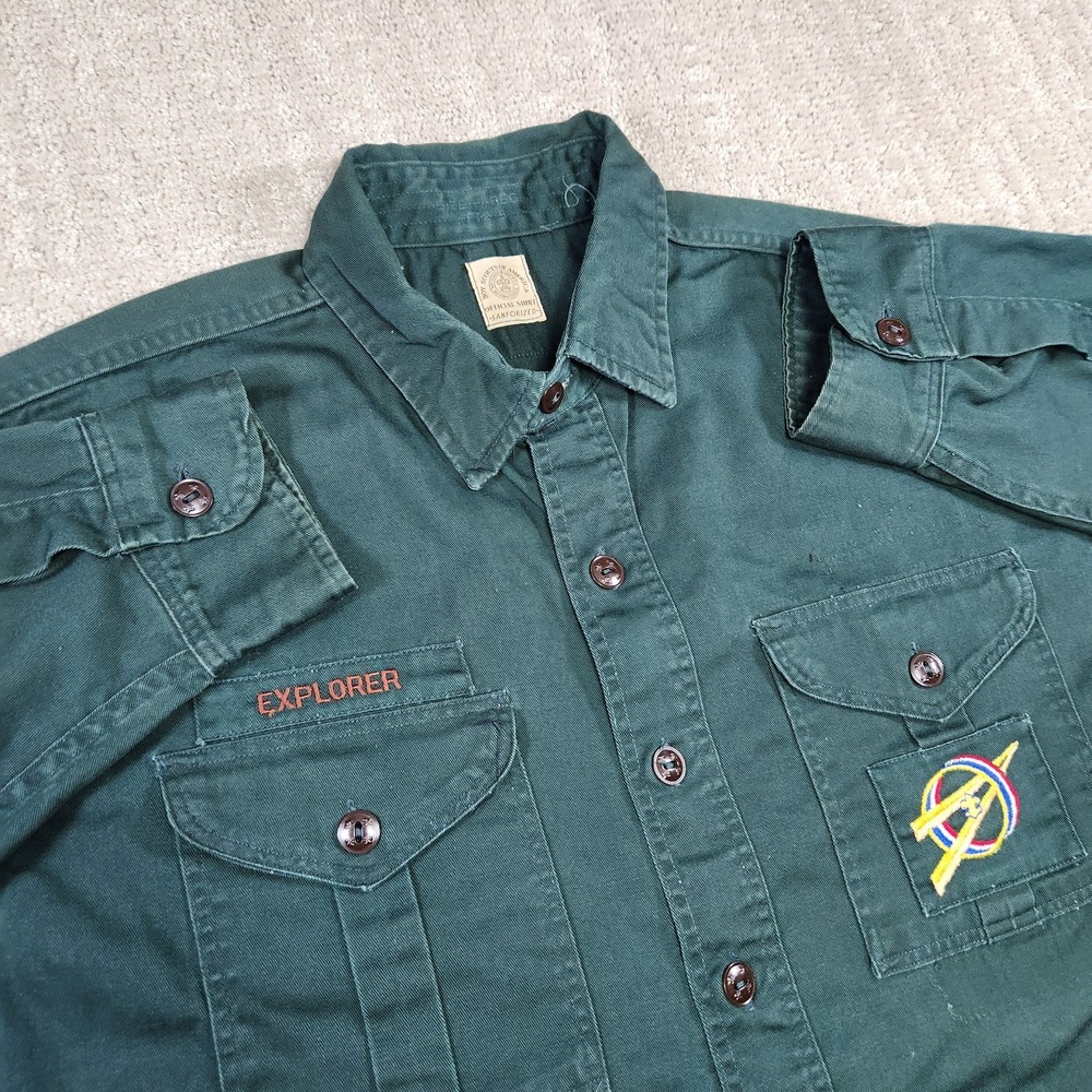 Vintage 40s Boy Scouts Shirt Fits Men Large Sanforized Cotton Green Button Up